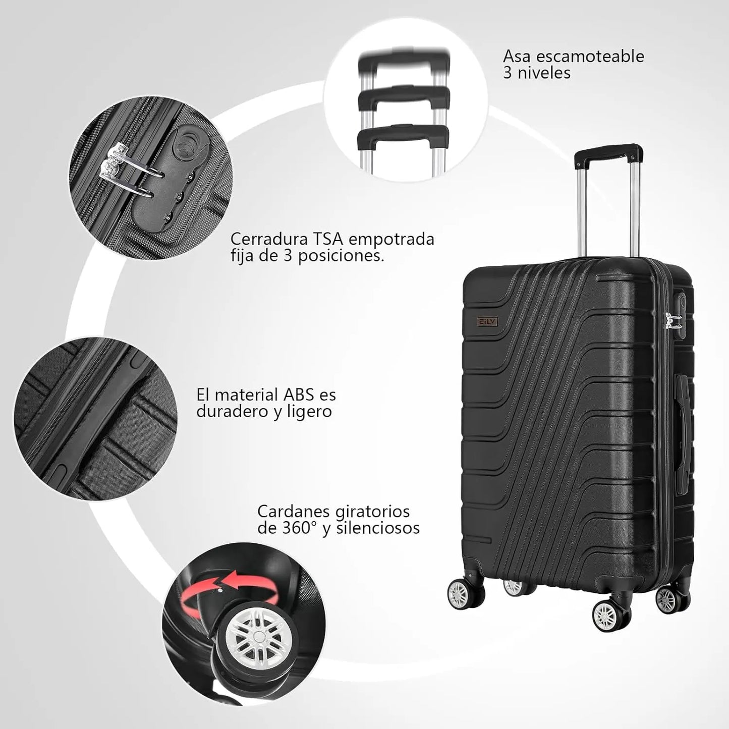 Abs travel suitcase, hand luggage, rigid cabin suitcase with combination closure and 4 double 360 wheels ° ,small and large light travel suitcases