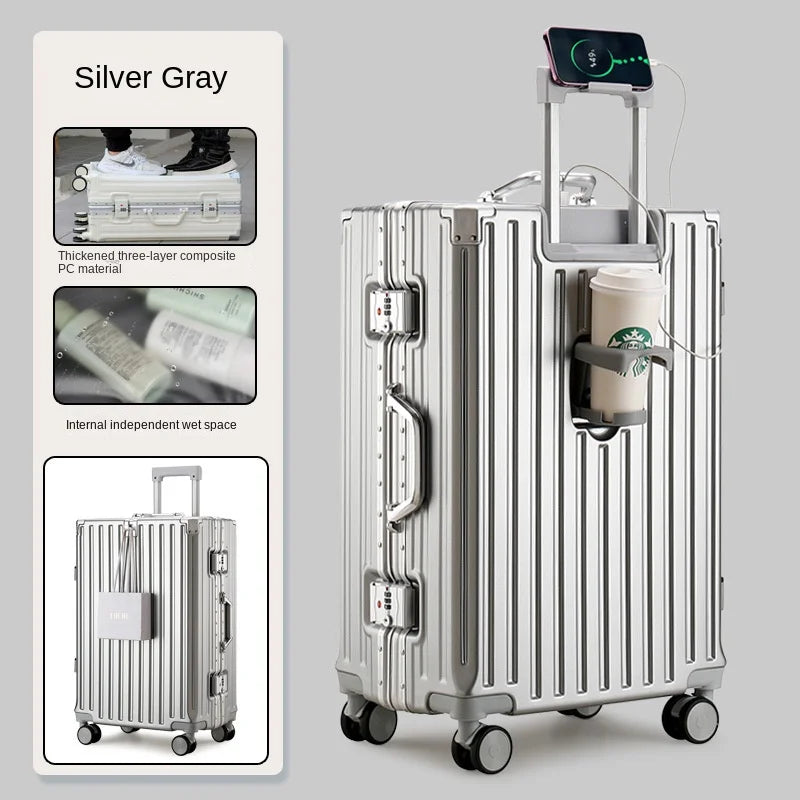 Multifunction Suitcase Luggage with USB Cup Holder Aluminum Frame Password Trolley Case 20/24/26/28 Inch Suitcase Trip Cabin