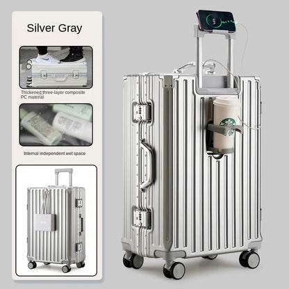 Multifunction Suitcase Luggage with USB Cup Holder Aluminum Frame Password Trolley Case 20/24/26/28 Inch Suitcase Trip Cabin