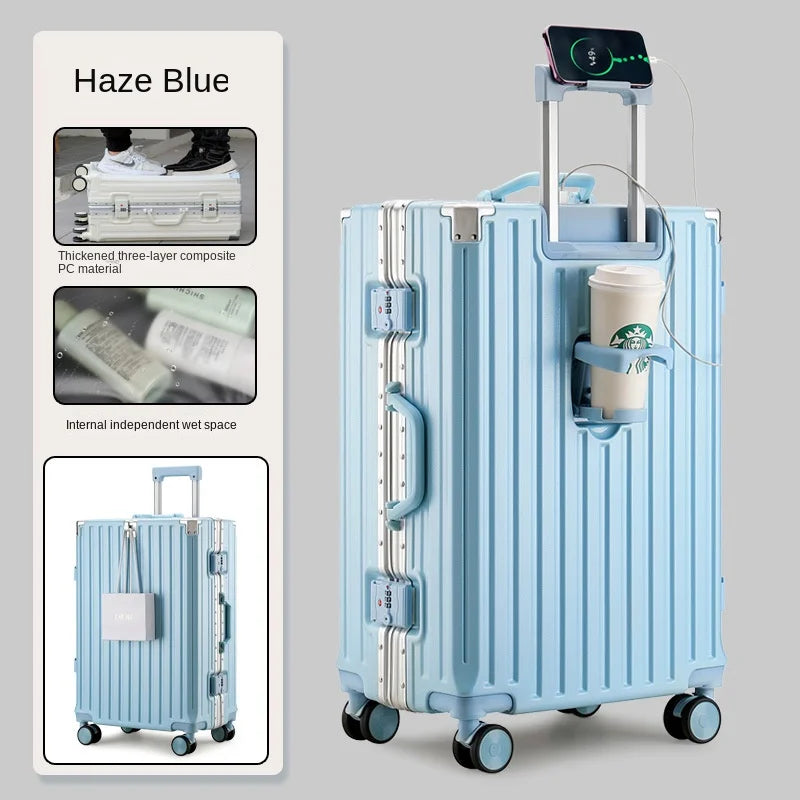 Multifunction Suitcase Luggage with USB Cup Holder Aluminum Frame Password Trolley Case 20/24/26/28 Inch Suitcase Trip Cabin