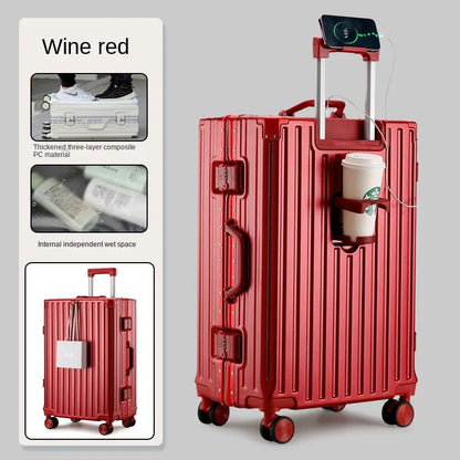 Multifunction Suitcase Luggage with USB Cup Holder Aluminum Frame Password Trolley Case 20/24/26/28 Inch Suitcase Trip Cabin