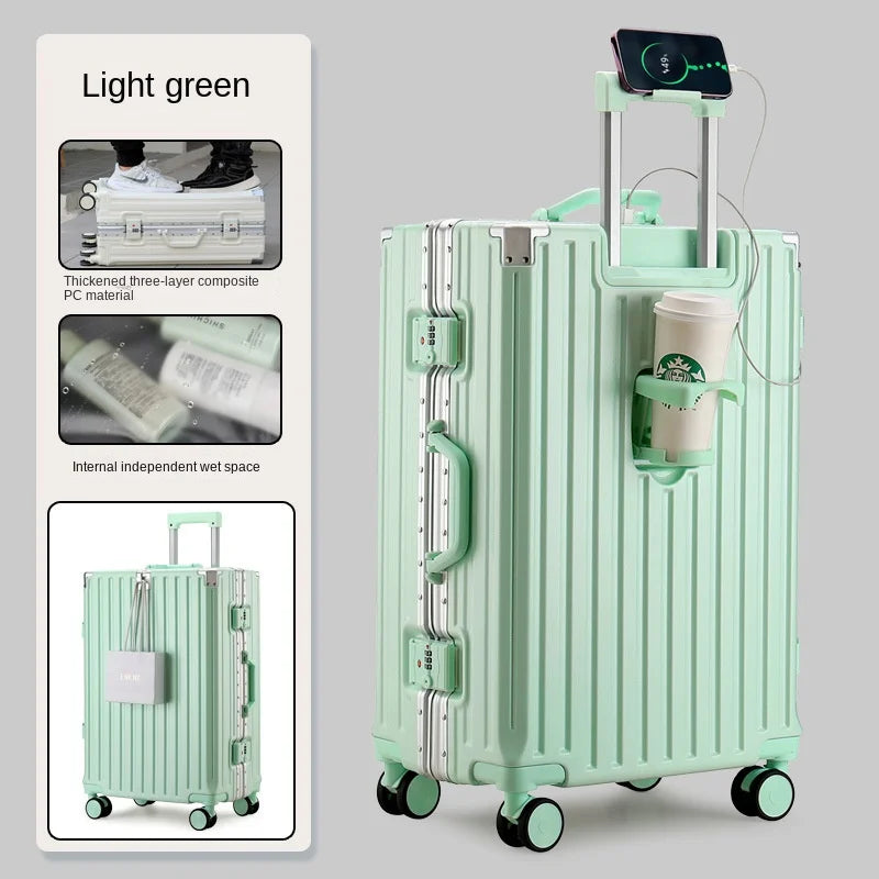 Multifunction Suitcase Luggage with USB Cup Holder Aluminum Frame Password Trolley Case 20/24/26/28 Inch Suitcase Trip Cabin