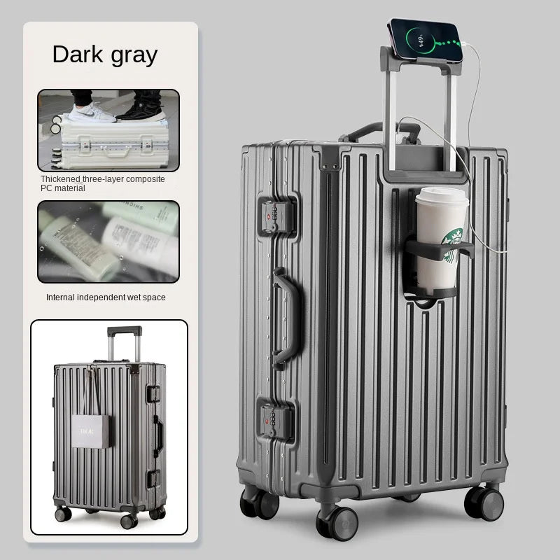 Multifunction Suitcase Luggage with USB Cup Holder Aluminum Frame Password Trolley Case 20/24/26/28 Inch Suitcase Trip Cabin