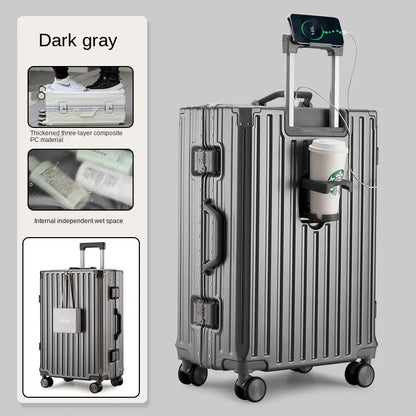 Multifunction Suitcase Luggage with USB Cup Holder Aluminum Frame Password Trolley Case 20/24/26/28 Inch Suitcase Trip Cabin