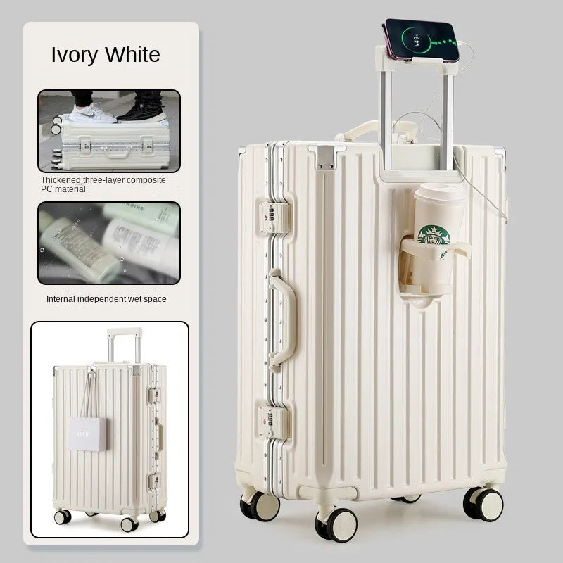 Multifunction Suitcase Luggage with USB Cup Holder Aluminum Frame Password Trolley Case 20/24/26/28 Inch Suitcase Trip Cabin