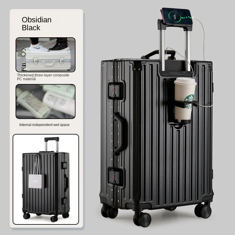 Multifunction Suitcase Luggage with USB Cup Holder Aluminum Frame Password Trolley Case 20/24/26/28 Inch Suitcase Trip Cabin