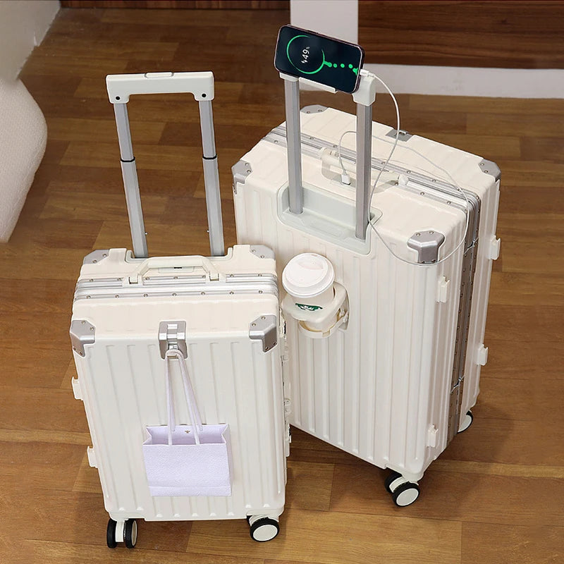 Multifunction Suitcase Luggage with USB Cup Holder Aluminum Frame Password Trolley Case 20/24/26/28 Inch Suitcase Trip Cabin
