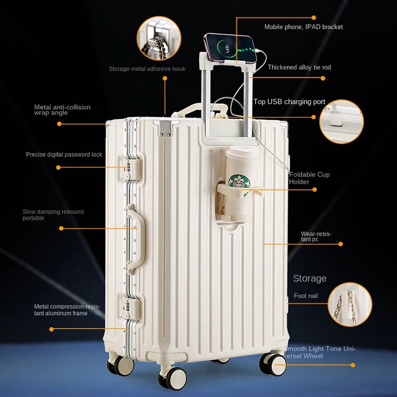Multifunction Suitcase Luggage with USB Cup Holder Aluminum Frame Password Trolley Case 20/24/26/28 Inch Suitcase Trip Cabin